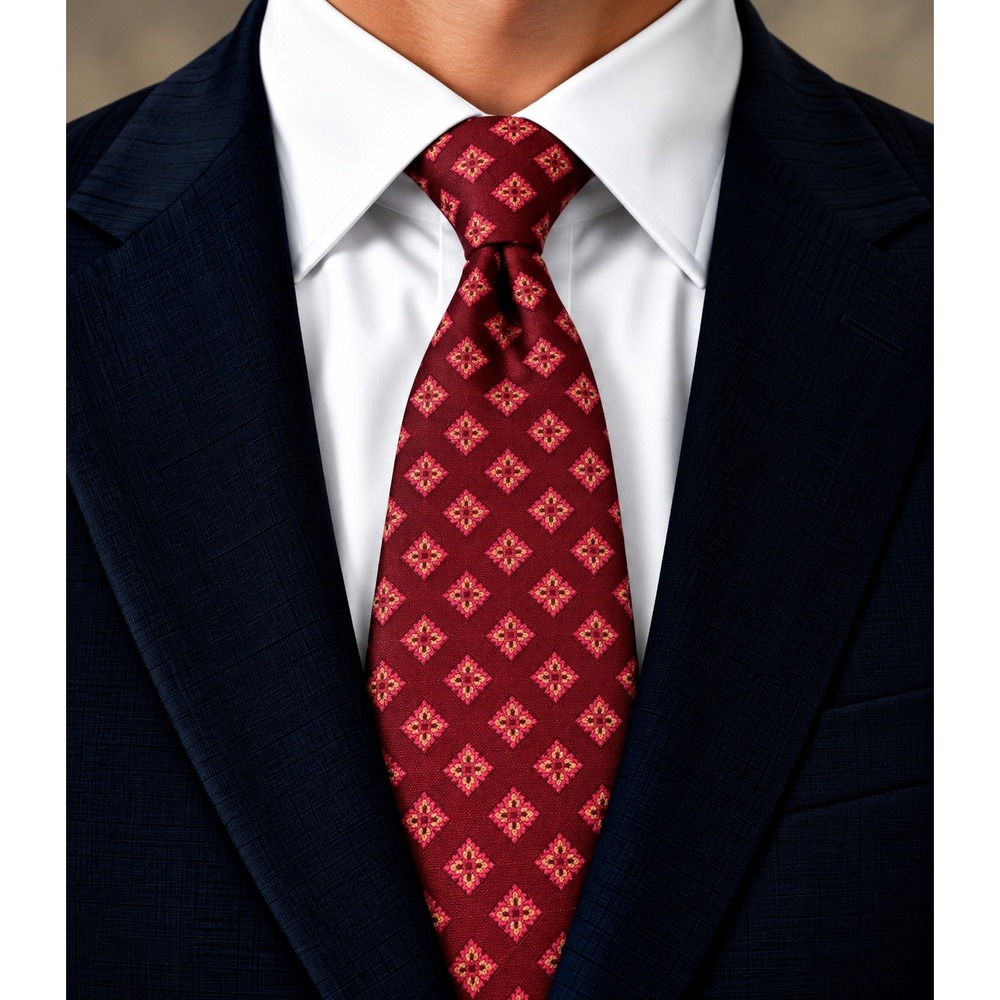 Banana Republic Mens Silk Tie Burgundy Red Geometric Medallion Made in Italy